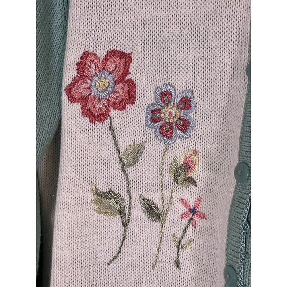 Vintage Knit Sweater L Green Patchwork Embroidery Retro Boho Classic Preppy 80s - Picture 7 of 16